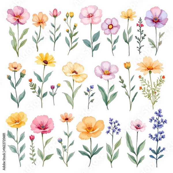 Fototapeta Set watercolor flowers and butterflies, seamless pattern with flowers
