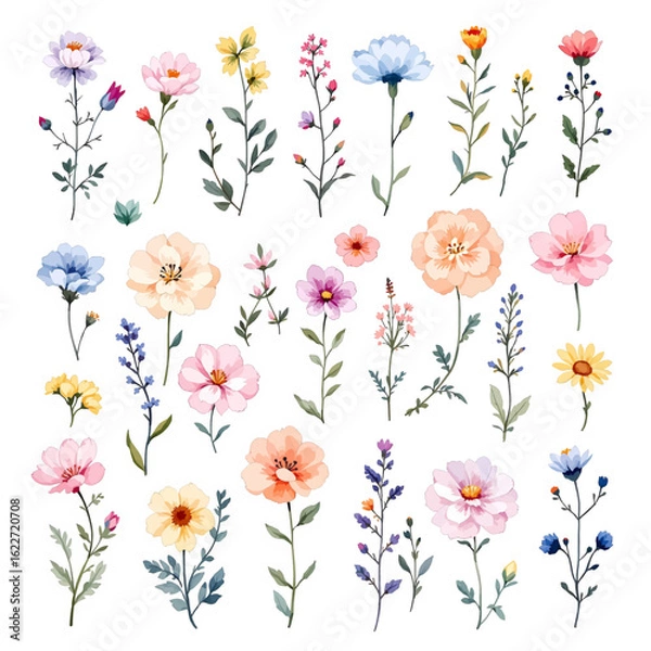 Fototapeta Set watercolor flowers and butterflies, seamless pattern with flowers