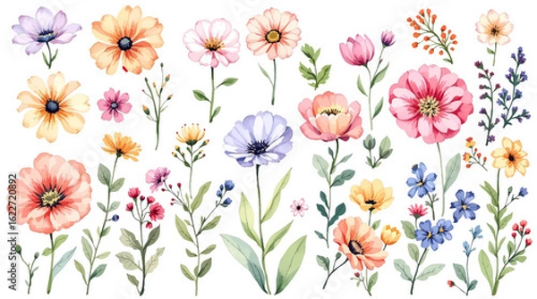 Fototapeta Set watercolor flowers and butterflies, seamless pattern with flowers