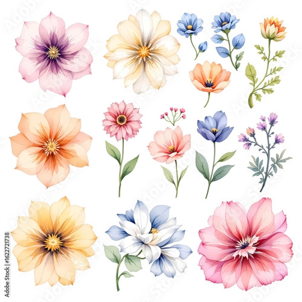 Fototapeta Collection of flowers, Set of flowers, Set of colorful floral elements