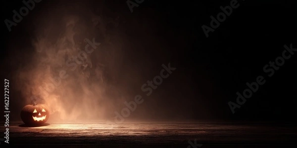 Fototapeta Glowing jack-o'-lantern on a wooden floor with fog. Minimal Halloween background with copy space. October 31.