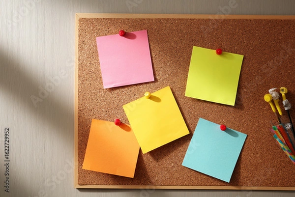 Fototapeta Multiple colorful sticky notes pinned on cork bulletin board with soft shadows. Perfect for message reminders or creative planning. Copy space included.