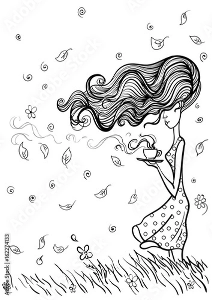 Obraz девушка с чашкой в ветреную погоду