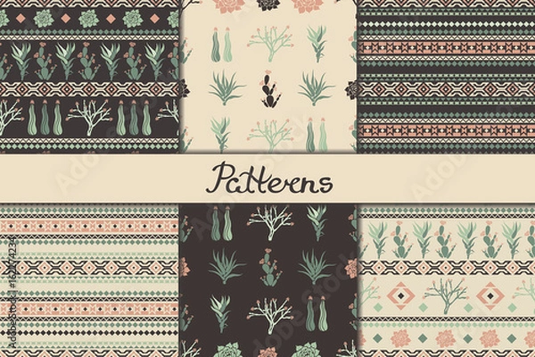 Fototapeta Set of seamless patterns with geometric shapes, succulents and cacti. Vector illustration.