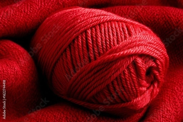 Obraz Bright red yarn ball resting on cozy textile in warm, inviting setting perfect for crafting and knitting