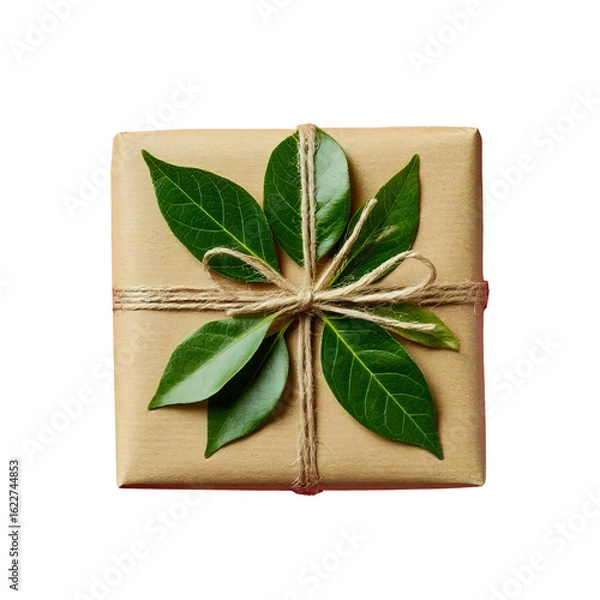 Fototapeta Square gift box wrapped in kraft paper, tied with twine and decorated with fresh green twig with leaves in png format