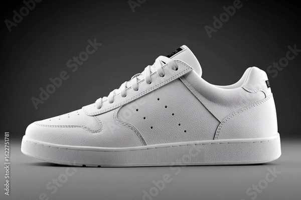 Fototapeta White leather low-top shoe, all-white background, minimalist details, thin side stitching, light gray to off-white subtle transition, single-line edge stripes, 4K hyper-realistic no brand/text