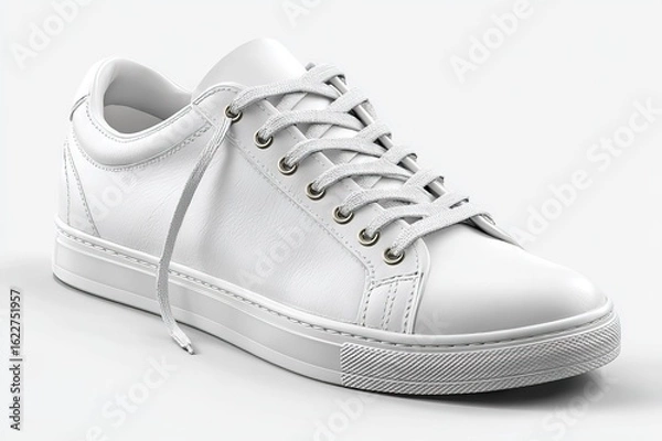 Fototapeta Low-top white leather shoe, all-white backdrop, minimal details, small side stitching, light gray to off-white soft shades, single-line edge stripes, 4K HD no brand/text material