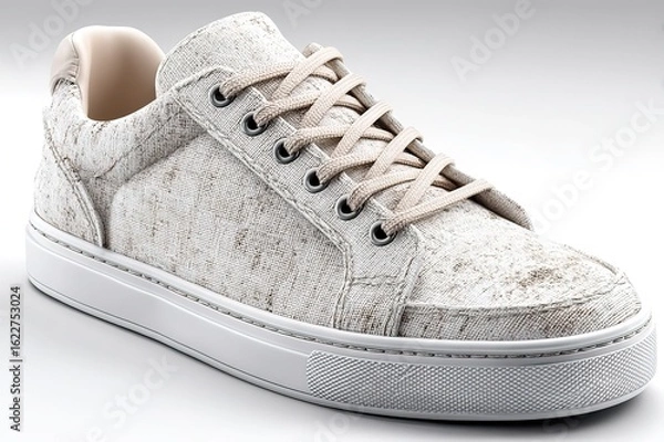 Fototapeta Linen fabric low-top sneakers, neutral beige and white color match, ultra-detailed presentation, 4K HD hyper-realistic, no text/brand/light sources/rays