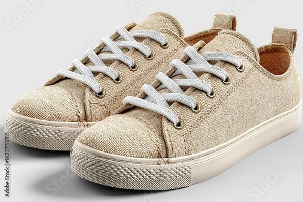 Fototapeta Beige linen low-top shoes, ultra-detailed design, white laces, subtle side highlights for layering, 4K HD hyper-realistic, no text/brand/light sources/rays