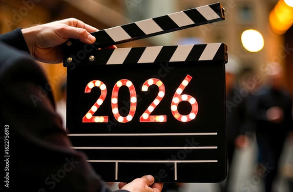 Fototapeta Male hands holding a clapper board with the numbers 2026, the symbol of the New year. Film making equipment. Concept of beginning of the New year, copy space