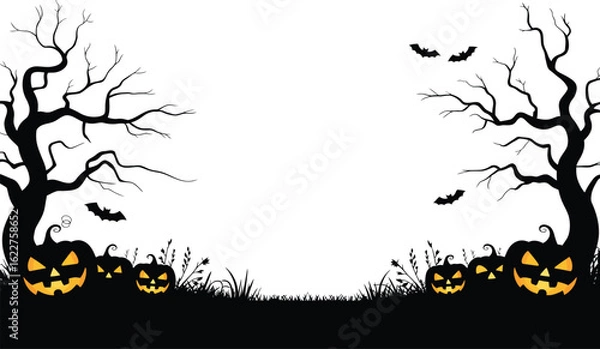 Fototapeta Halloween Silhouette Border Vector with Glowing Jack-o-Lantern Pumpkins, Spooky Trees, Flying Bats and Blank Space for Text