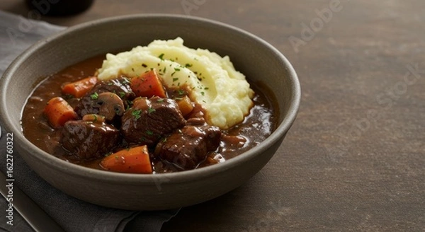 Fototapeta Hearty beef bourguignon stew with mashed potato served in a bowl. Classic french comfort food for cold weather. copy space