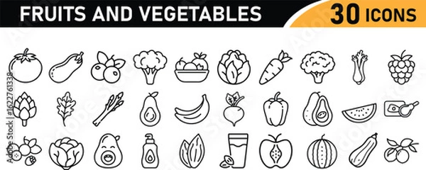Fototapeta Fresh vegetables and fruits line icon collection . showing healthy food. Fresh produce line icons set 