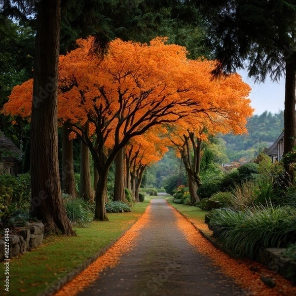 Obraz Autumnal path lined with vibrant trees