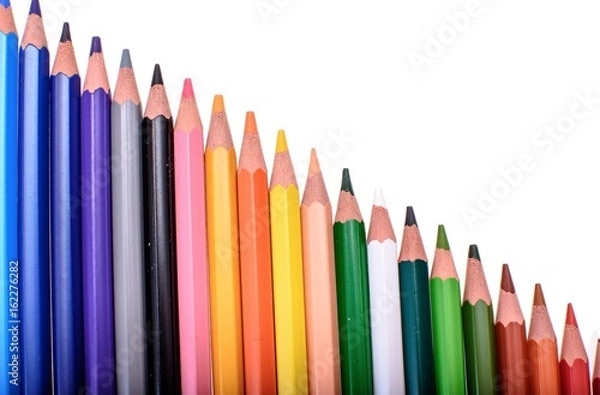 Obraz Many colored pencils isolated on white background, place for text