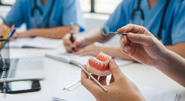Obraz Dental Students Studying Teeth Models in Class