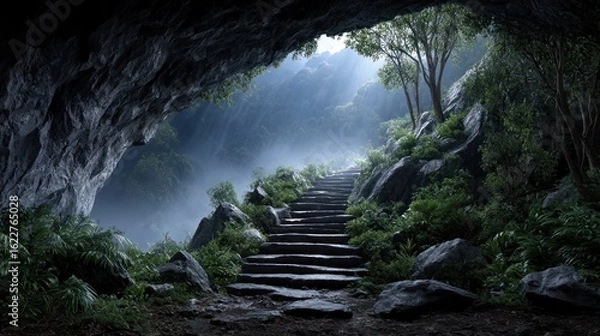 Obraz Cave stairway into a misty forest
