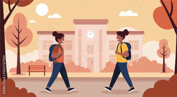 Fototapeta Flat vector illustration of diverse kids with backpacks heading to school with trees and school building in the background. Perfect for back to school themes, education.