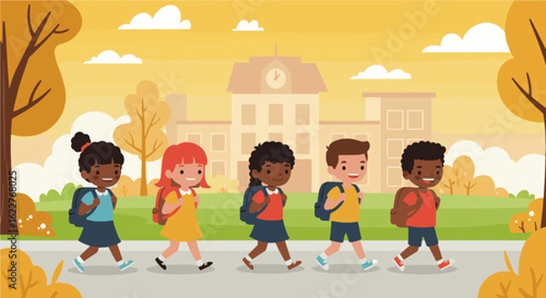 Fototapeta Flat vector illustration of diverse kids with backpacks heading to school with trees and school building in the background. Perfect for back to school themes, education.