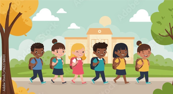 Fototapeta Flat vector illustration of diverse kids with backpacks heading to school with trees and school building in the background. Perfect for back to school themes, education.