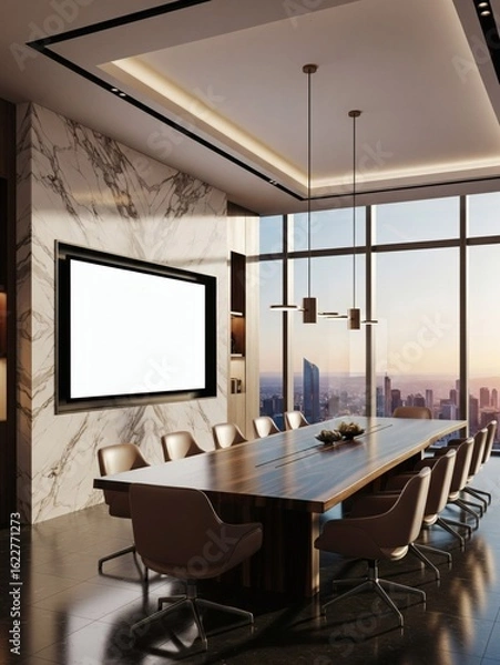 Fototapeta  Modern conference room interior with large blank poster frame on wooden wall and panoramic city view windows in contemporary office setting. 3D Rendering 