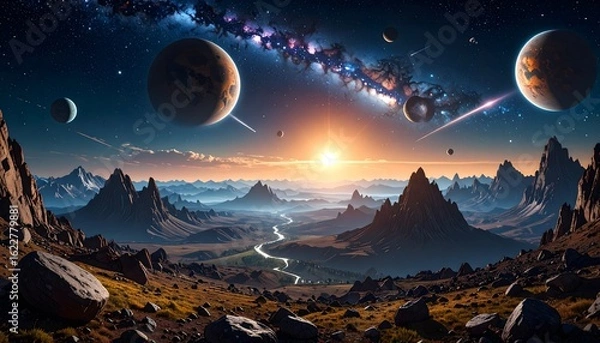 Obraz Vast cosmic vista, planet view peaks