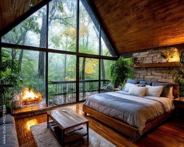 Obraz Cozy cabin bedroom with fireplace and rainforest view