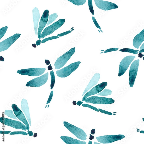 Fototapeta Cute Watercolor Seamless Pattern. Repetitive Texture with Isolated Colorfull Dragonfly Silhouette on White Background. Hand Drawn Bright Ornament