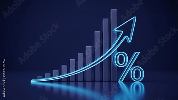 Fototapeta Glowing neon arrow and percentage sign ascending over bar chart