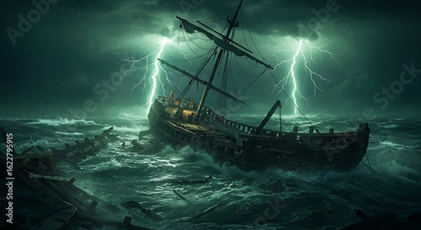 Fototapeta Ancient sailing ship battling a fierce lightning storm at sea