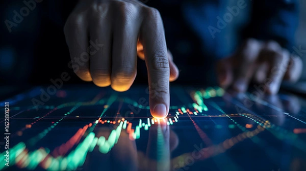 Fototapeta Finger points to upward trending stock market graph on a digital screen
