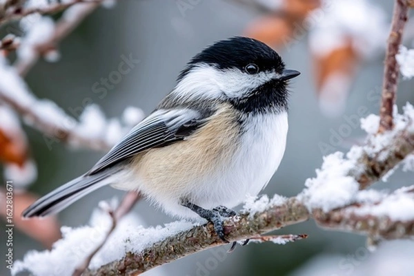 Obraz A chickadee perched on a snow covered branch in winter with a blurred background in soft light