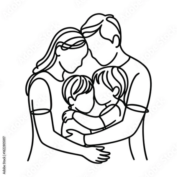 Fototapeta Group hug icon featuring two adults and two children in black outline, symbolizing family, love, emotional bond, and unity.