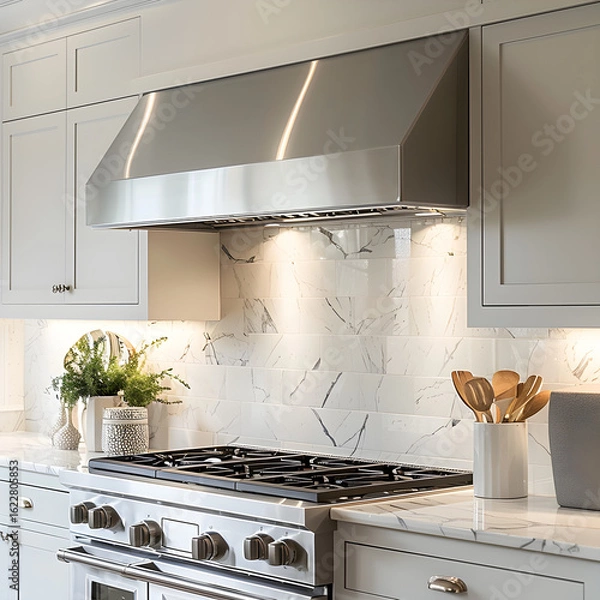 Fototapeta White background promotional photo of a chef-grade LED-lit range hood for upscale kitchen branding. --s 250 --v 6.0