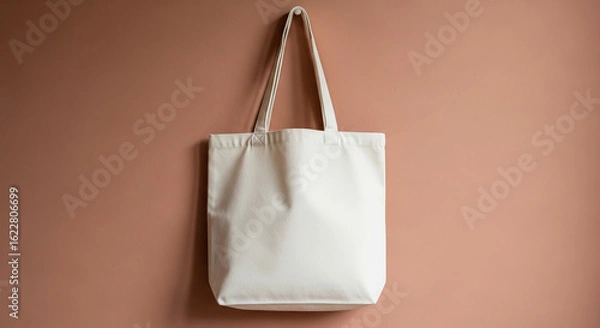 Fototapeta White canvas tote bag hangs on terracotta wall, showcasing blank surface for branding or design, minimalist style, ideal for mockup