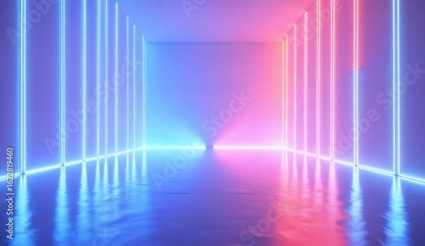 Fototapeta Neon-lit corridor with blue and pink lights converging at a distant point