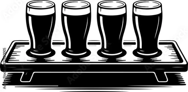Fototapeta Black silhouette vector of a beer flight tray holding four small beer glasses in a row 