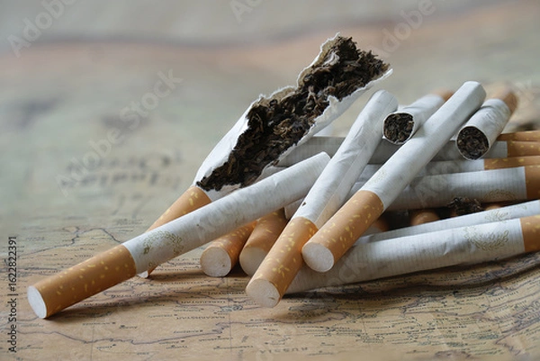 Fototapeta Pile of cigarettes, some broken, lies on old map, symbolizing global impact of smoking. image highlights health risks and environmental concerns associated with tobacco use