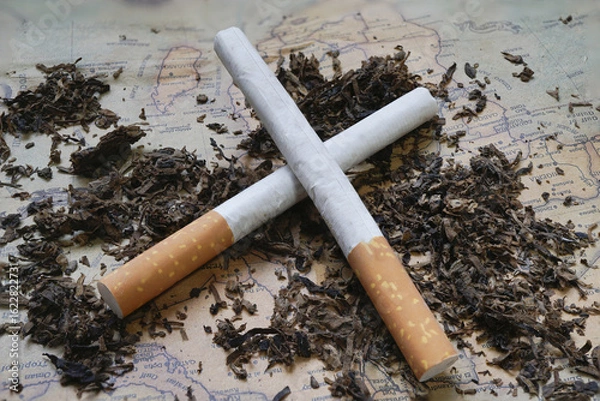 Fototapeta Two cigarettes crossed on map background surrounded by loose tobacco, creating rustic and contemplative atmosphere. image suggests themes of travel and habit