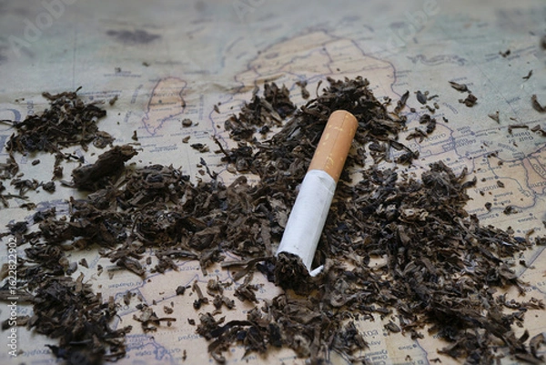 Fototapeta Cigarette lies on vintage map surrounded by scattered tobacco, creating nostalgic and contemplative atmosphere. scene evokes thoughts of travel and passage of time