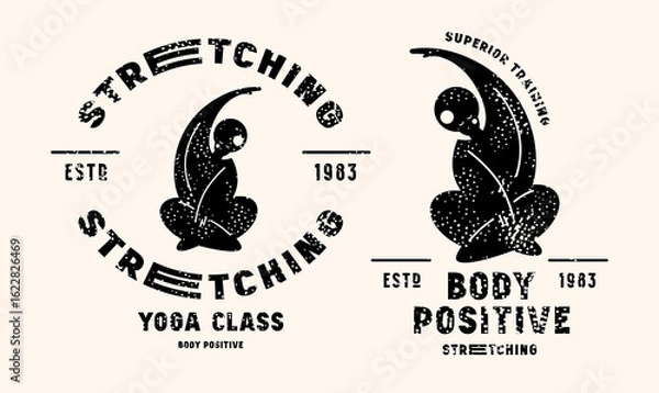 Obraz Body positive stretching class emblem. Graphic design with typographic and silhouettes of girl in asana. Gray print with rough texture on white background