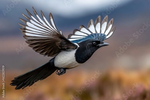 Obraz A close up of a magpie in flight with its wings spread against a blurred background outdoors in nature