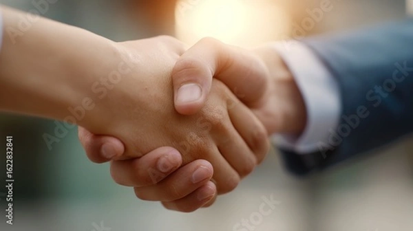 Fototapeta Handshake of Agreement: A close-up shot captures the essence of collaboration and partnership as two hands come together in a firm handshake. Signifying trust, cooperation, and mutual respect.