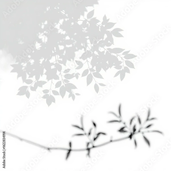Obraz shadow overlay effect. Gray shadow of leaves isolated on white background. 
Plant foliage leaf shadow light effect. Mockup Blurred tree branch shadow. Ideal for summer spring design elements PNG