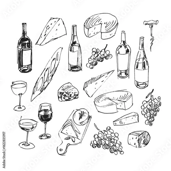 Obraz Wine and cheese hand drawn elements, sketched illustrations