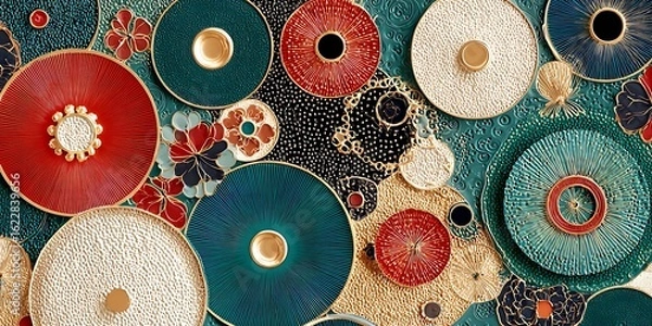 Fototapeta A vibrant mosaic of circular patterns in teal, red, and white creates a lively abstract design