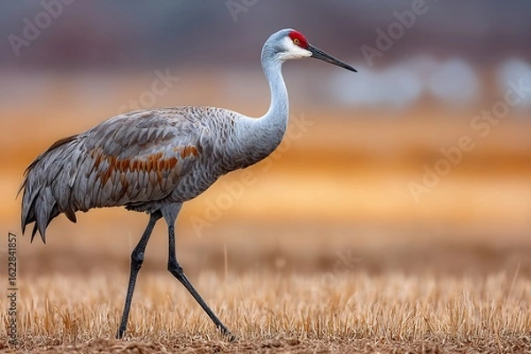 Obraz A sandhill crane walking in a field with a blurred background during the daytime in nature outdoors