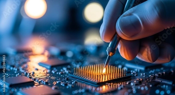 Fototapeta Close up of a technician repairing a computer chip on a circuit board with specialized equipment in a laboratory