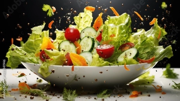 Fototapeta Vegetable salad in a bowl with flying ingredients and drops of olive oil